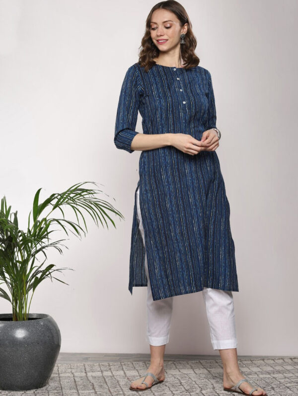 Dark Blue Striped Cotton Straight Kurta