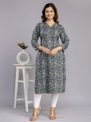 Blue Floral Printed Cotton A-Line Kurta for Women