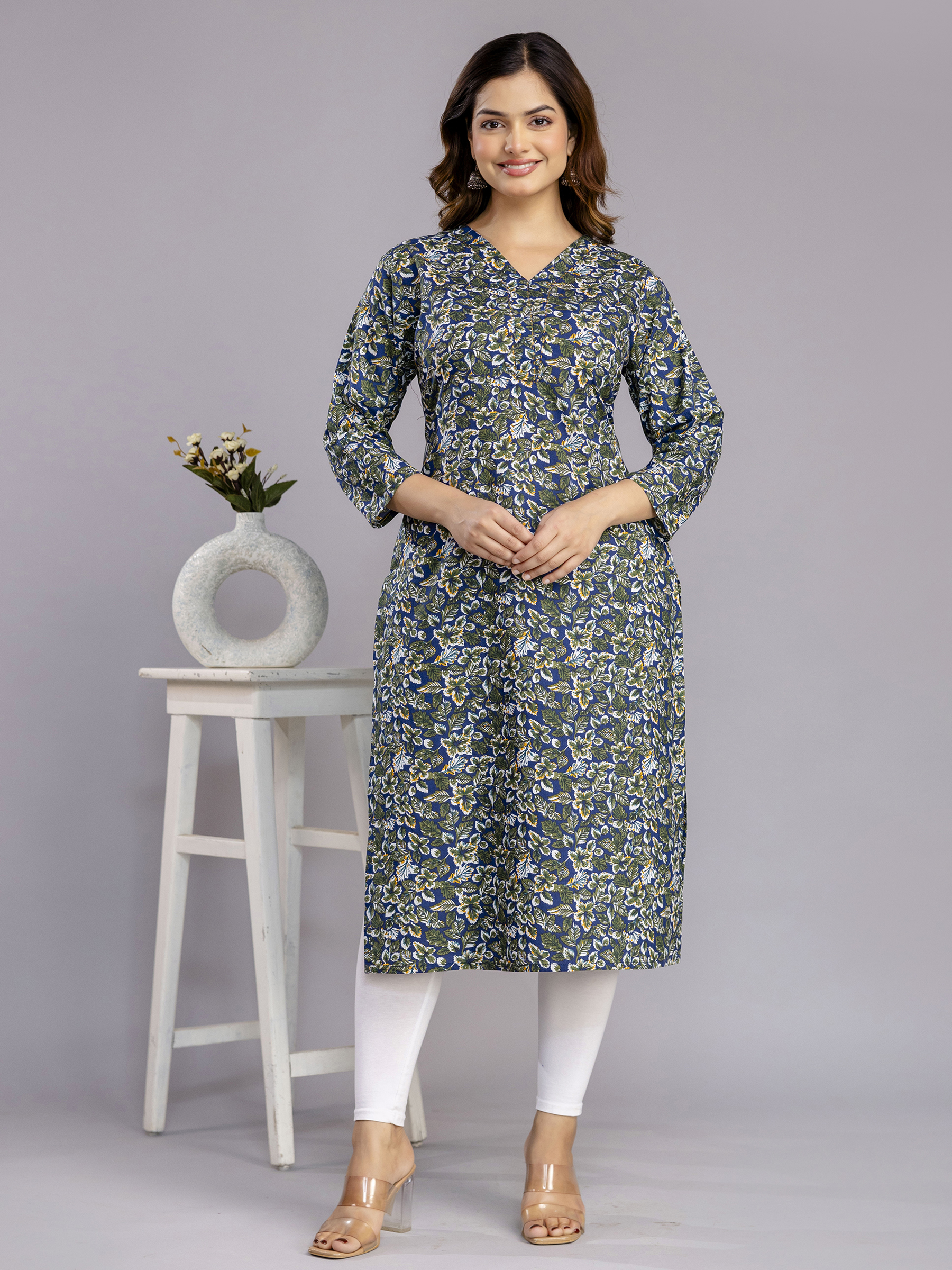 Blue Floral Printed Cotton A-Line Kurta for Women