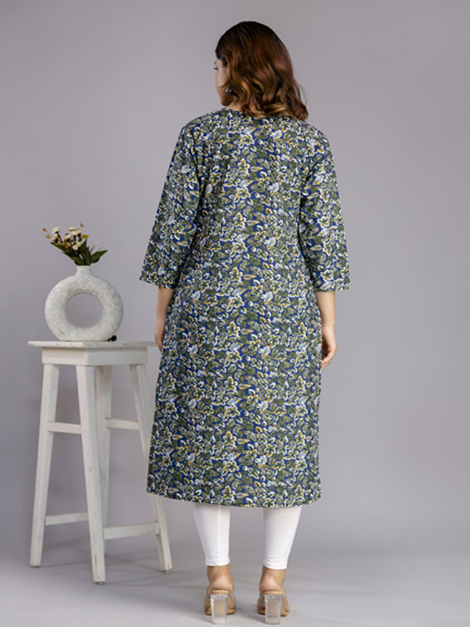 Blue Floral Printed Cotton A-Line Kurta for Women
