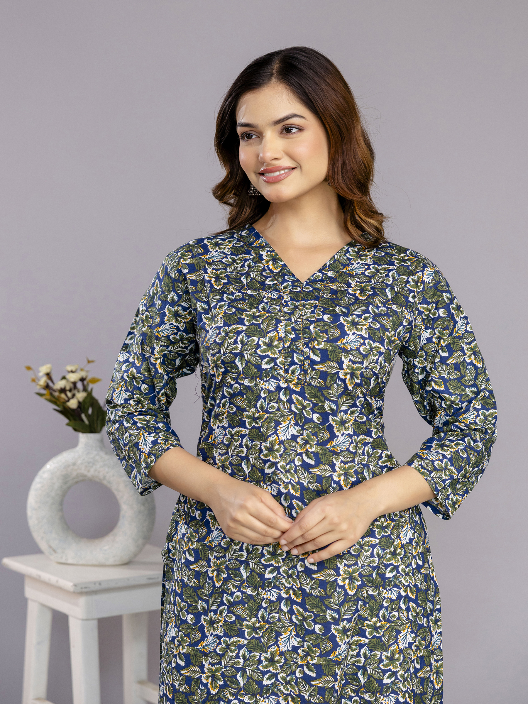 Blue Floral Printed Cotton A-Line Kurta for Women