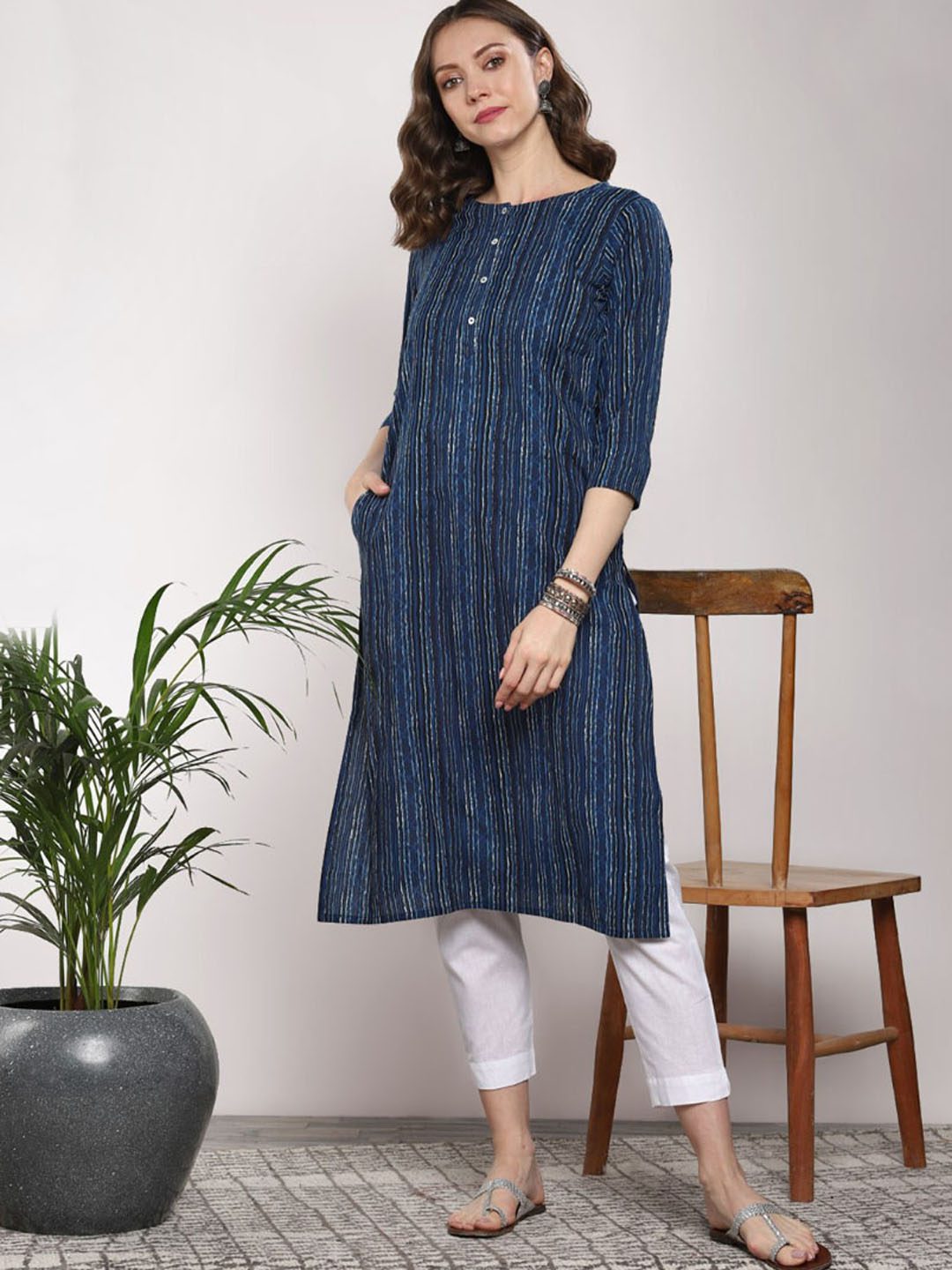 Blue Striped Cotton Kurta for Women | Daily Wear Straight Kurti - Image 3