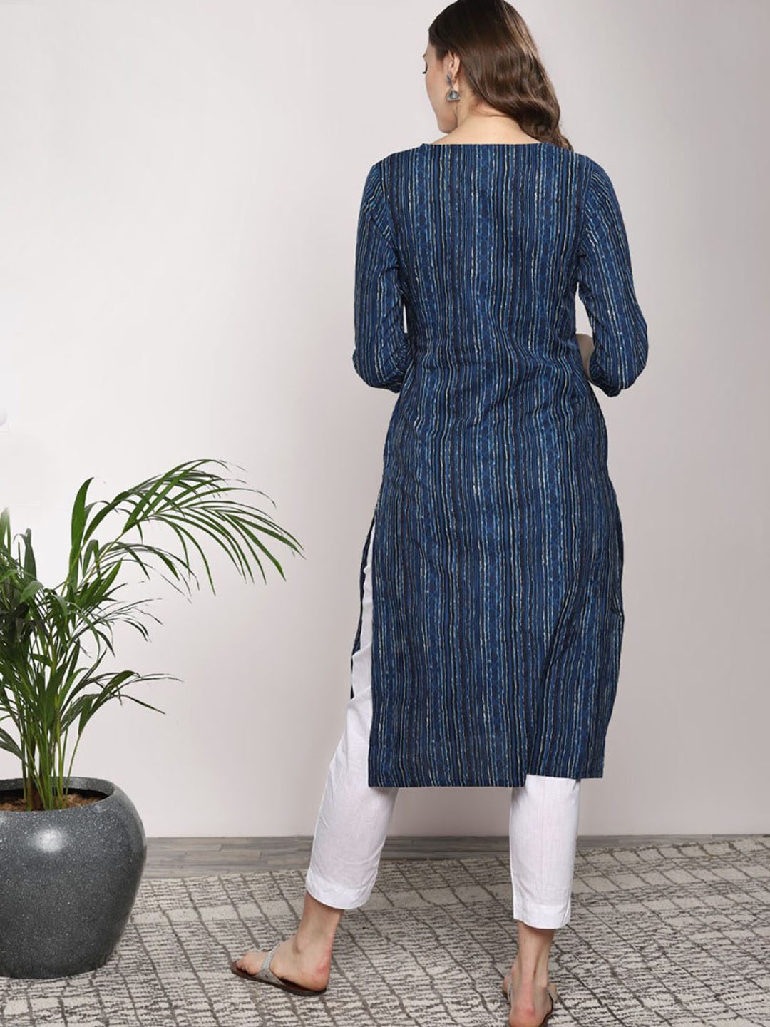 blue striped cotton kurta for women
