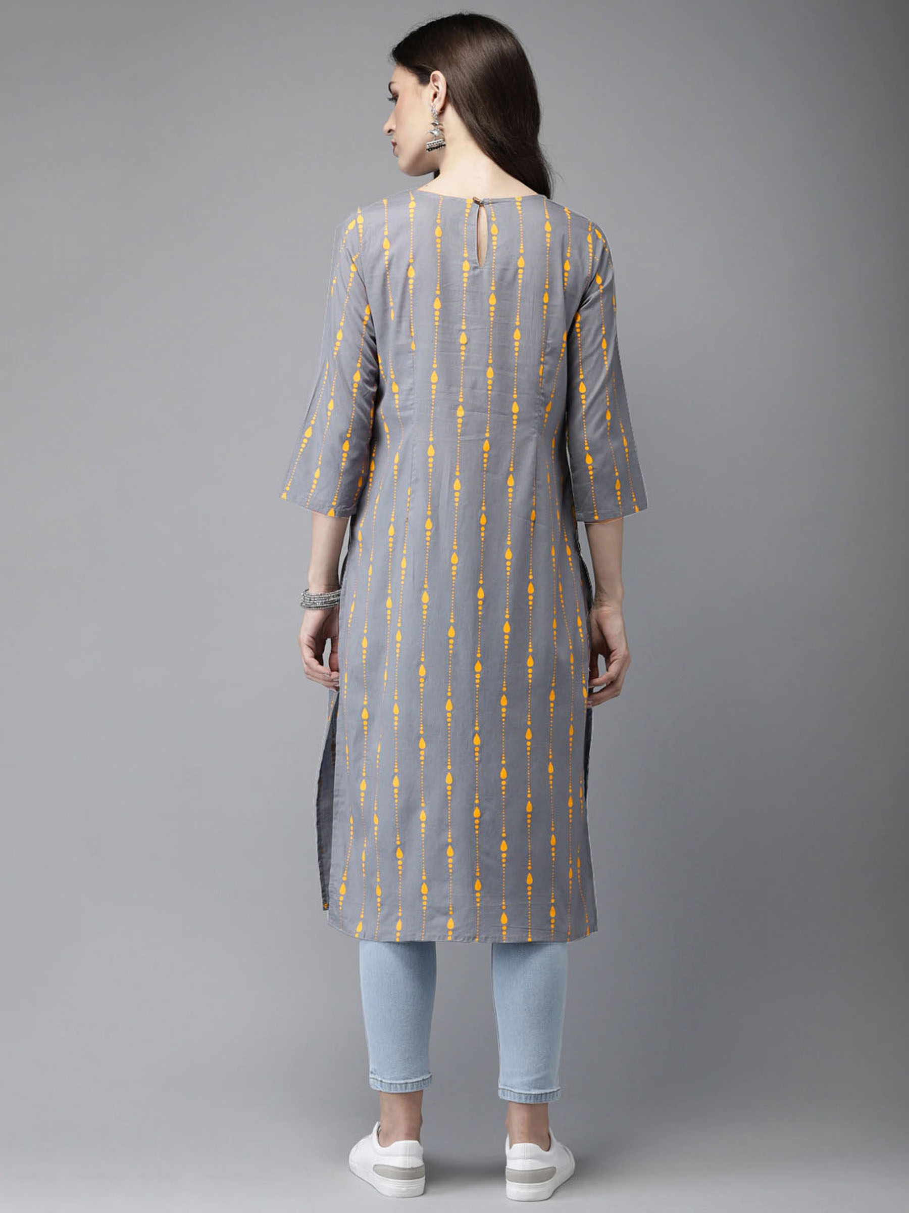 Grey Yellow Printed Cotton Kurta for Women - Image 3
