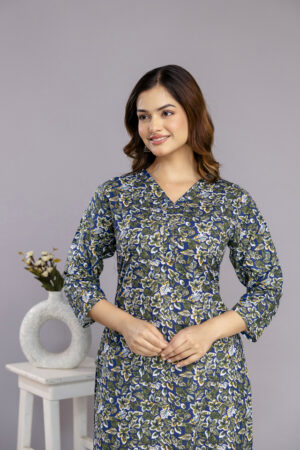 Green Printed Cotton A-line Kurta