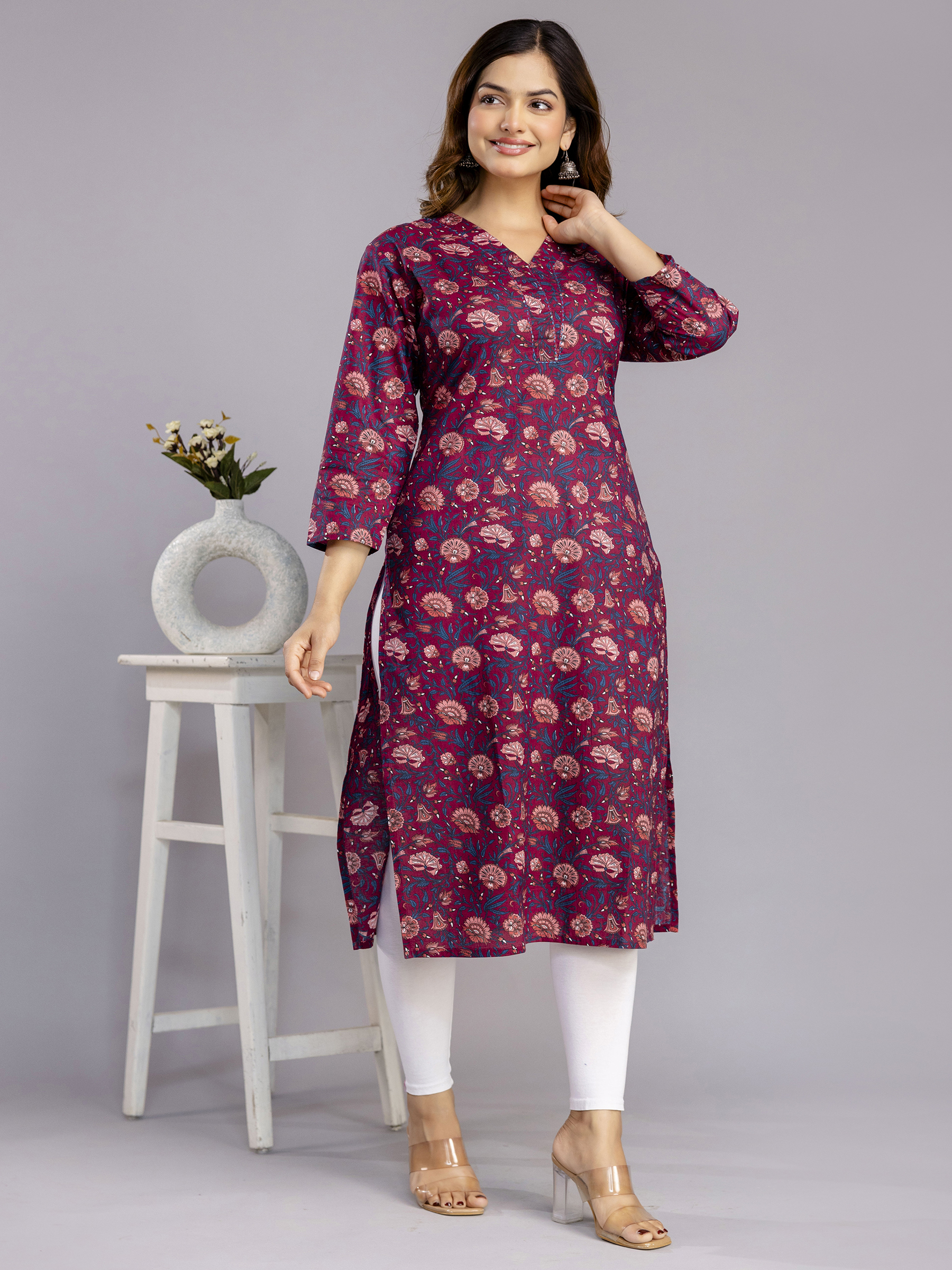 Maroon Floral Printed Kurta for Women