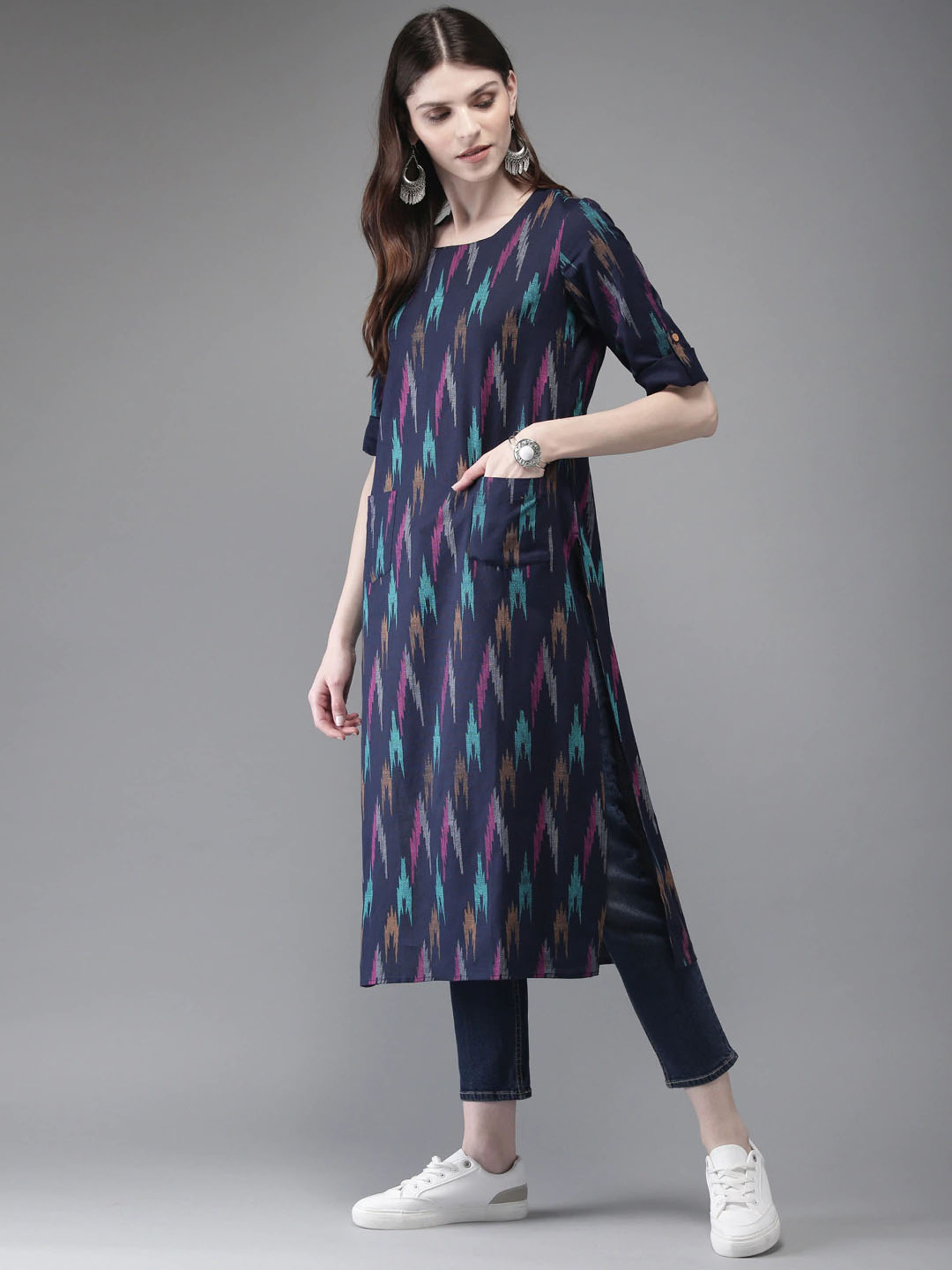 Navy Blue Ikat Printed Kurta for Women - Image 2