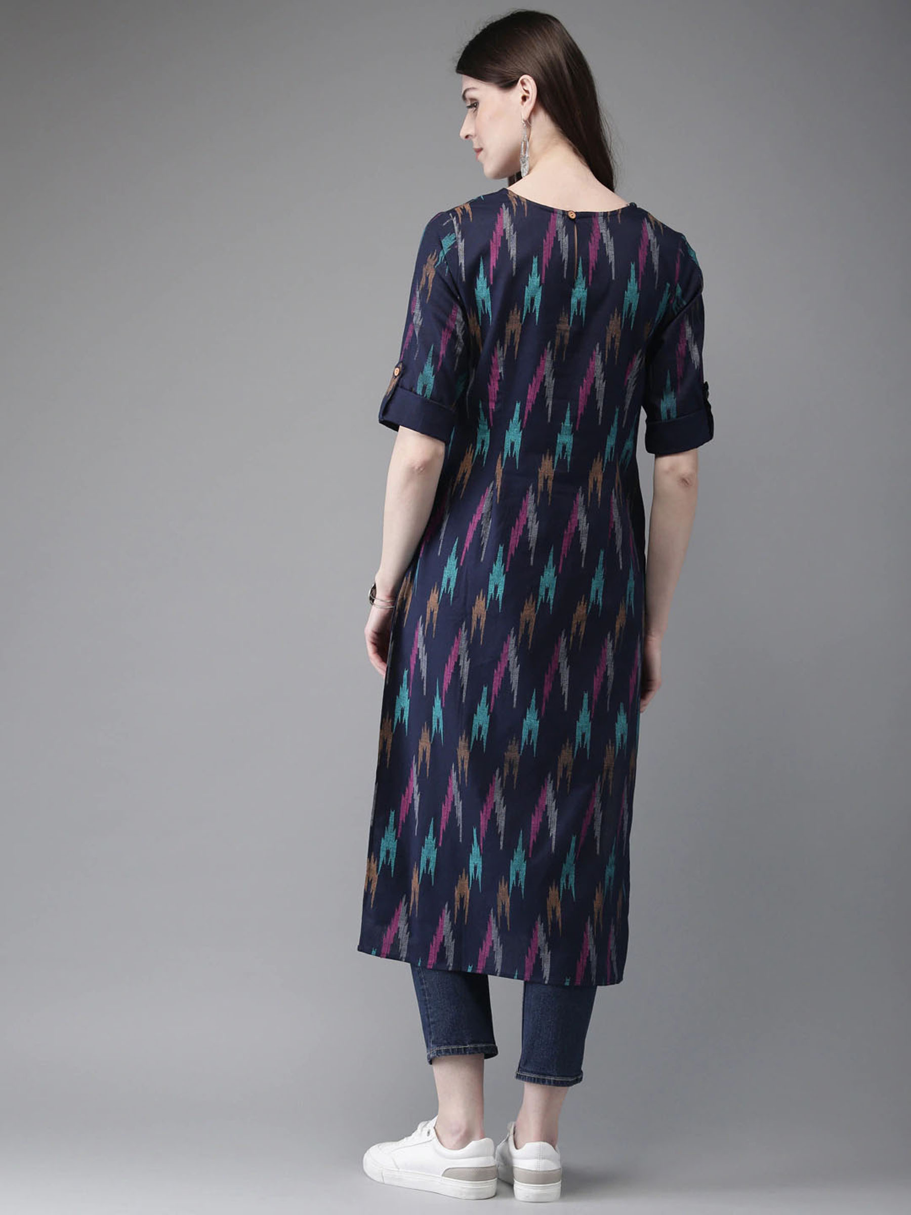Navy Blue Ikat Printed Kurta for Women - Image 3