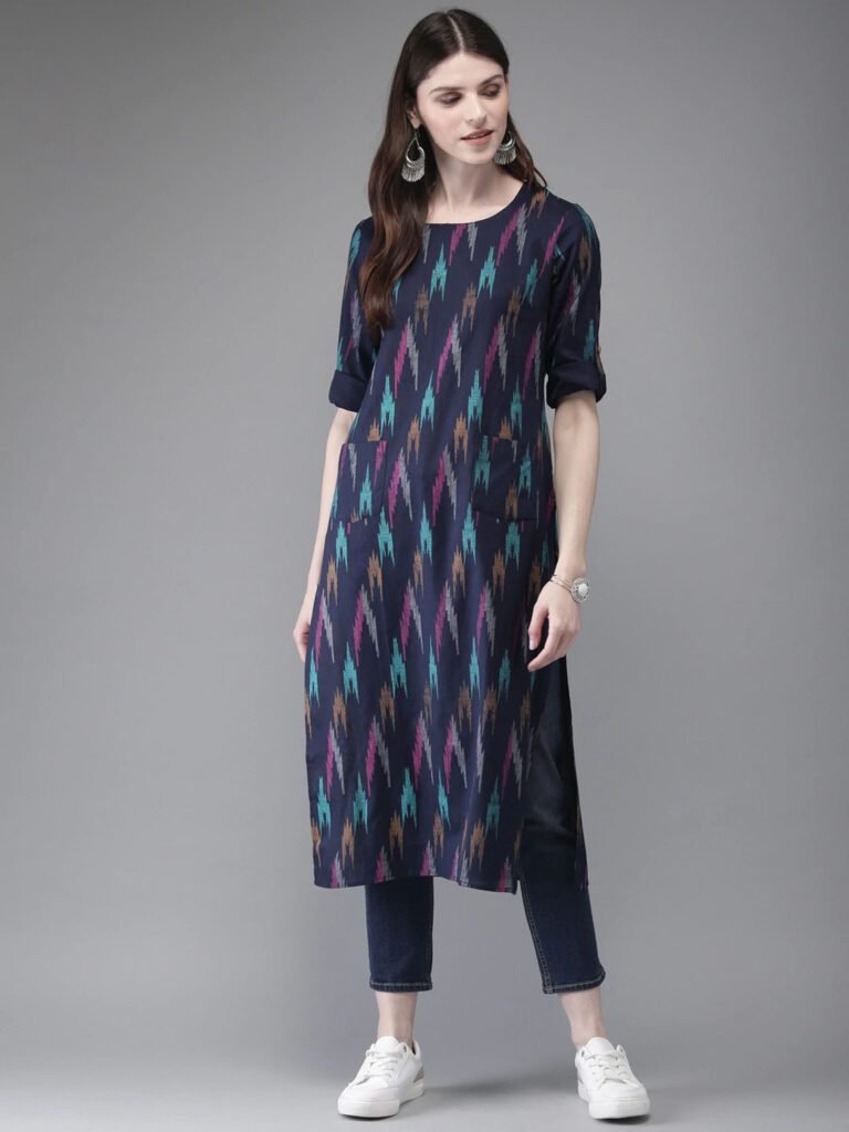 Home navy blue ikat printed rayon straight kurta