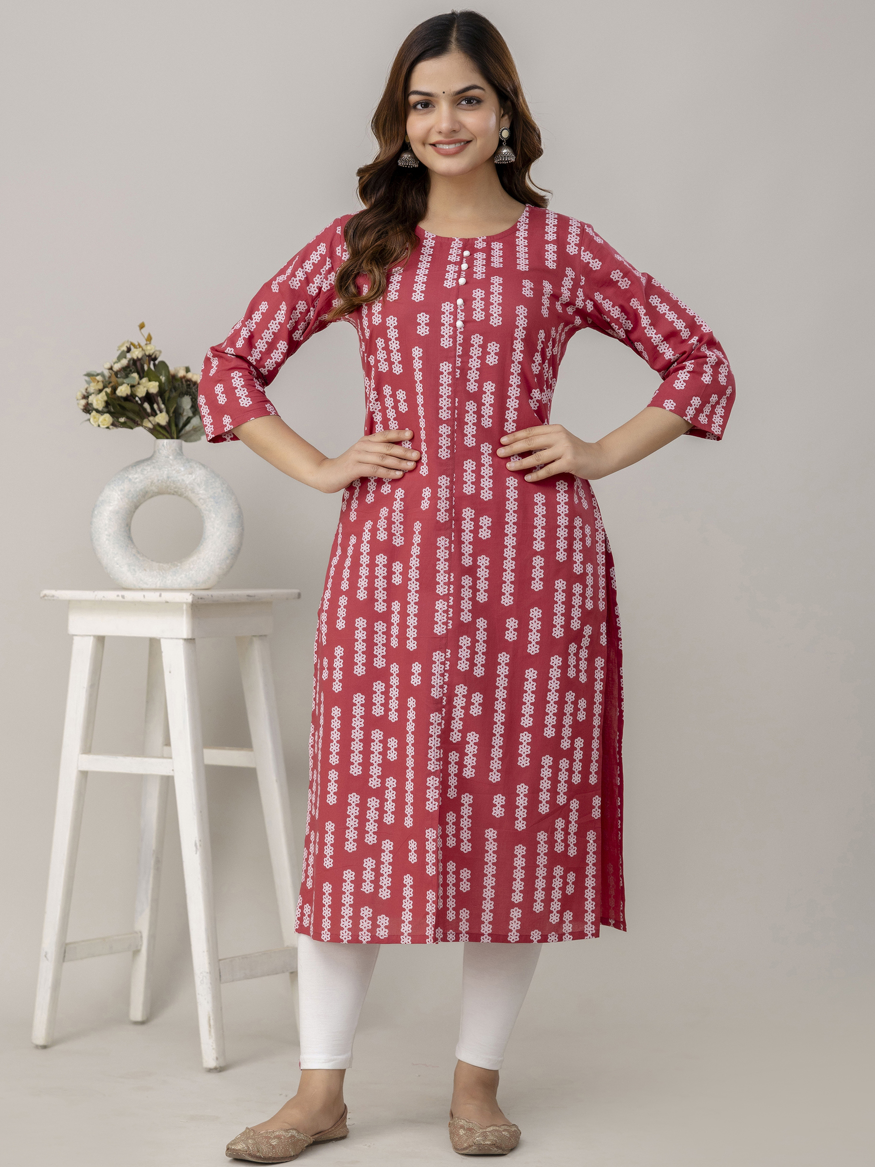 Red Printed Cotton Kurta for Women - Image 3