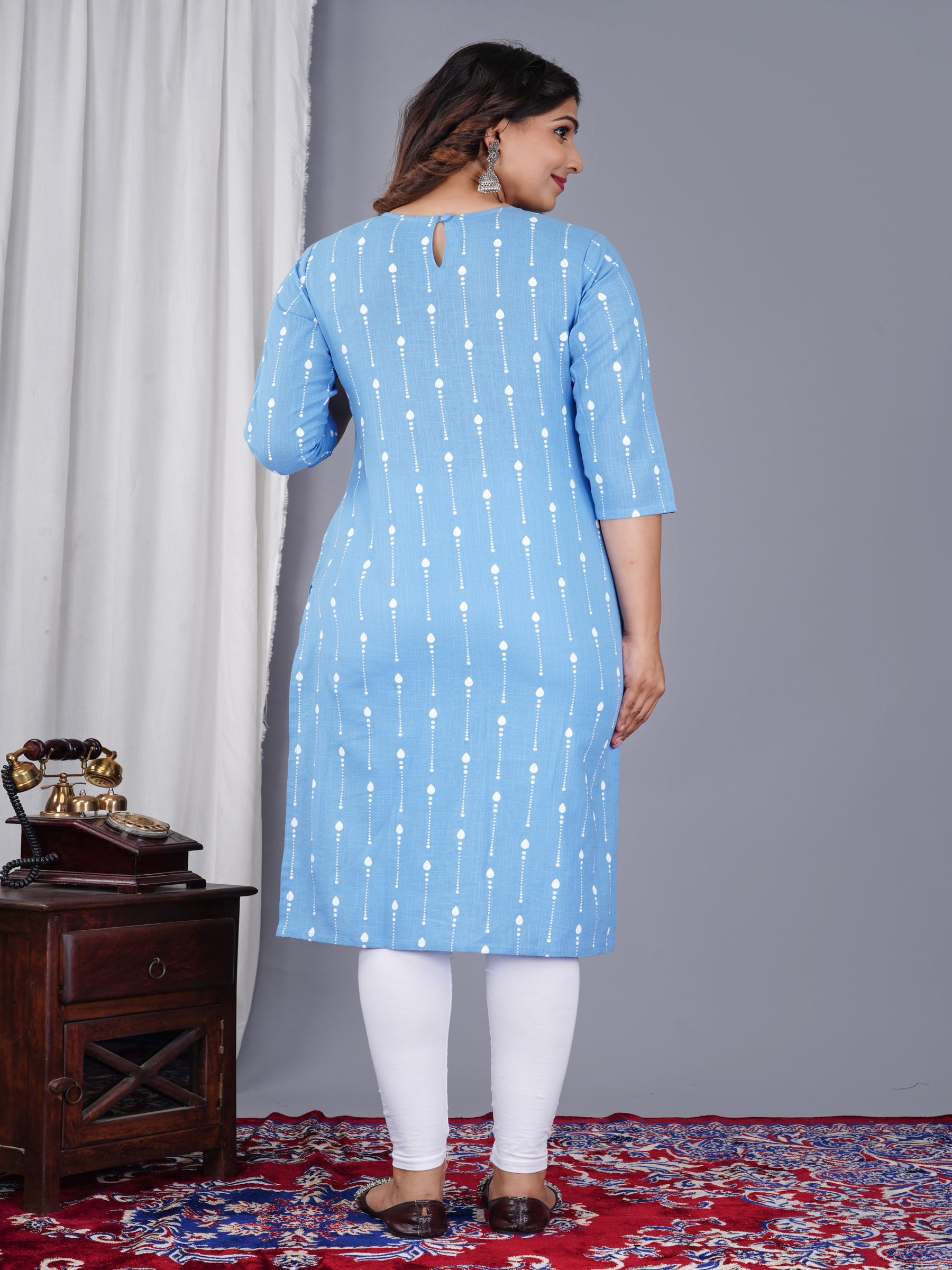 Sky Blue Printed Cotton Kurta for Women - Image 2