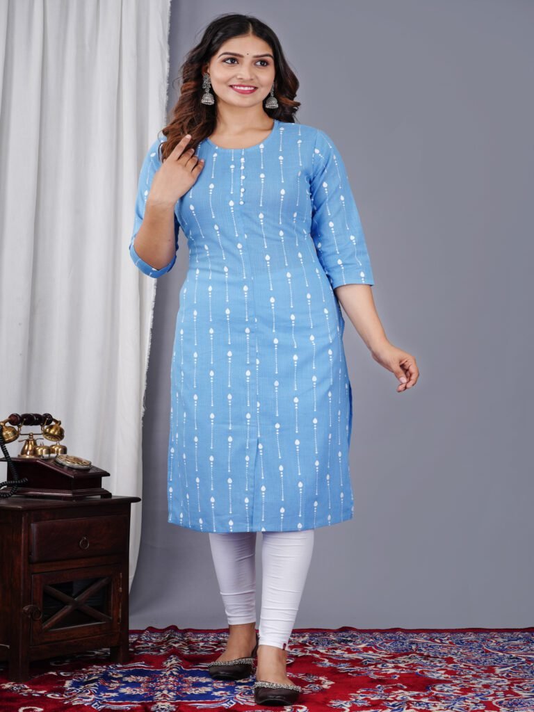 Sky Blue Printed Cotton Kurta