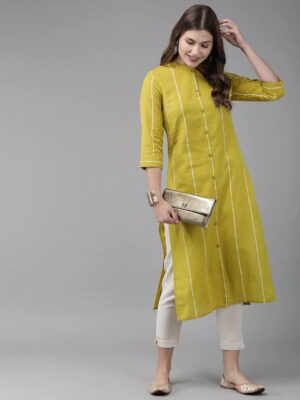 Yellow striped cotton kurta set for women summer daily wear