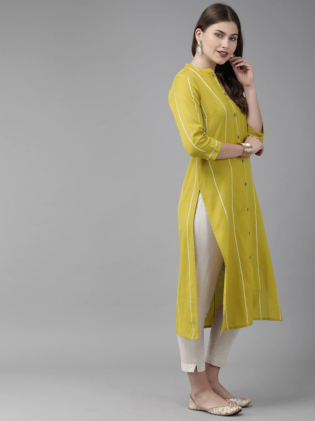Yellow Striped Cotton Kurta for Women | Summer Daily Wear | Amudee Fashion - Image 3