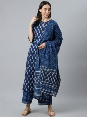 Indigo Blue Cotton Kurta Palazzo Set with Dupatta