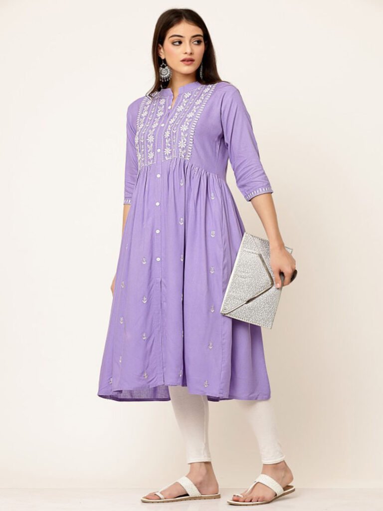 Women's Lavender Embroidered Cotton A-Line Kurta with Front Button Design by Amudee Fashion